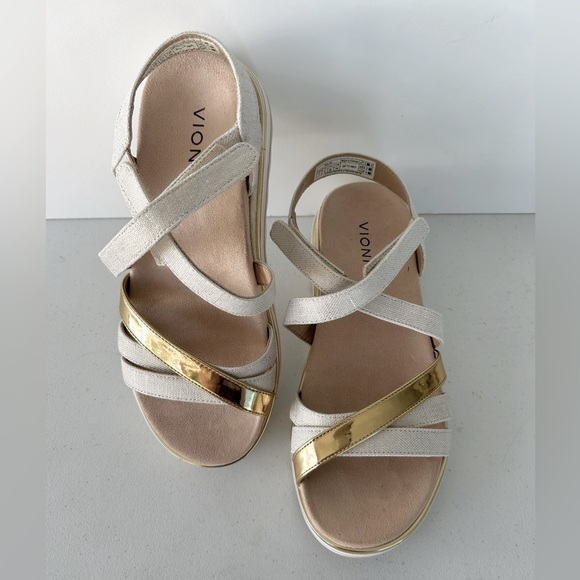 Vionic!-Kellyn Criss Cross Strapy Velcro, Women's White and Gold Sandals Size 7 - Picture 2 of 6